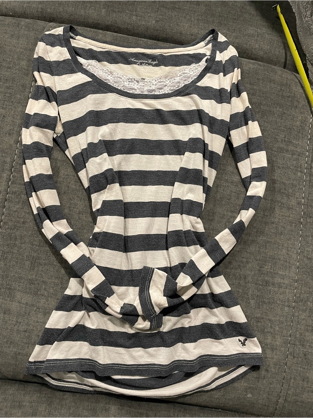 American Eagle Outfitters Navy and White Striped Long-Sleeve Scoop Neck Top